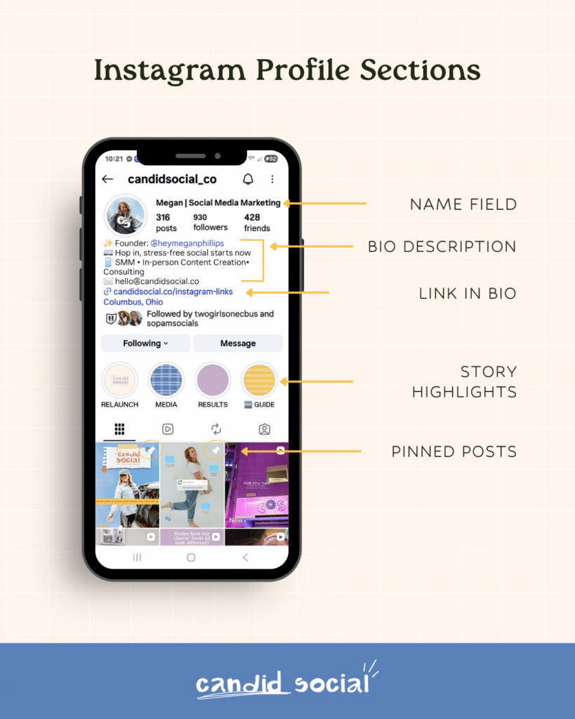 Instagram Profile name field, bio description, link in bio, story highlights, pinned posts